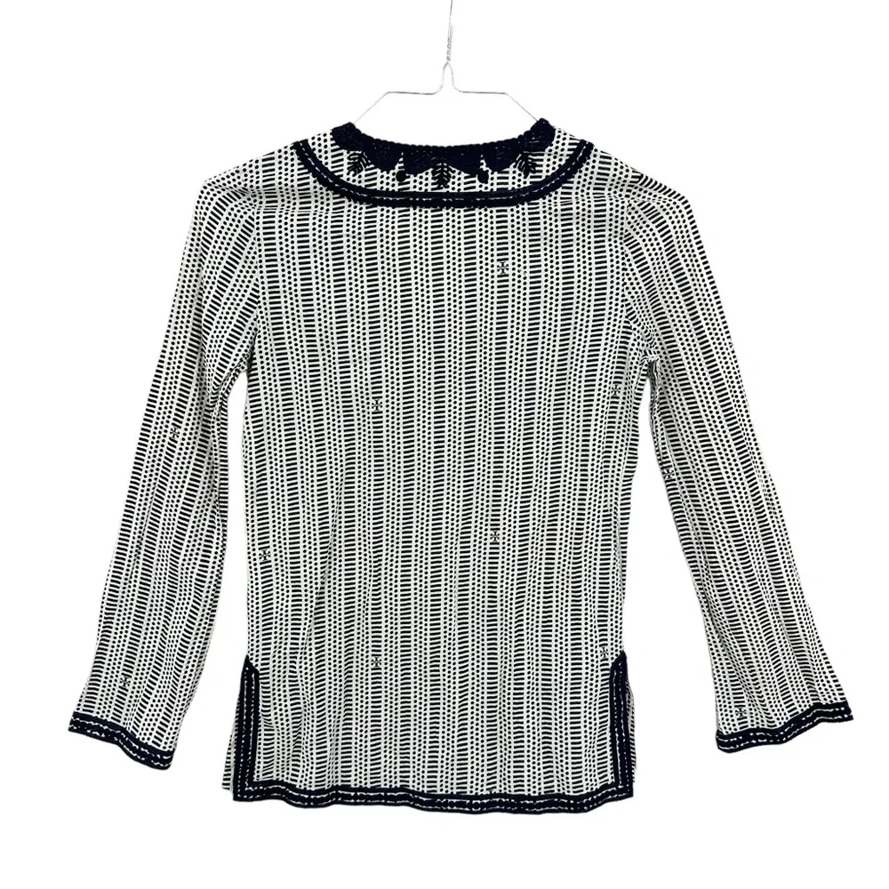 TORY BURCH Tunic Top Geometric Side Slits Long Sleeve Blue Cream - Picture 2 of 7